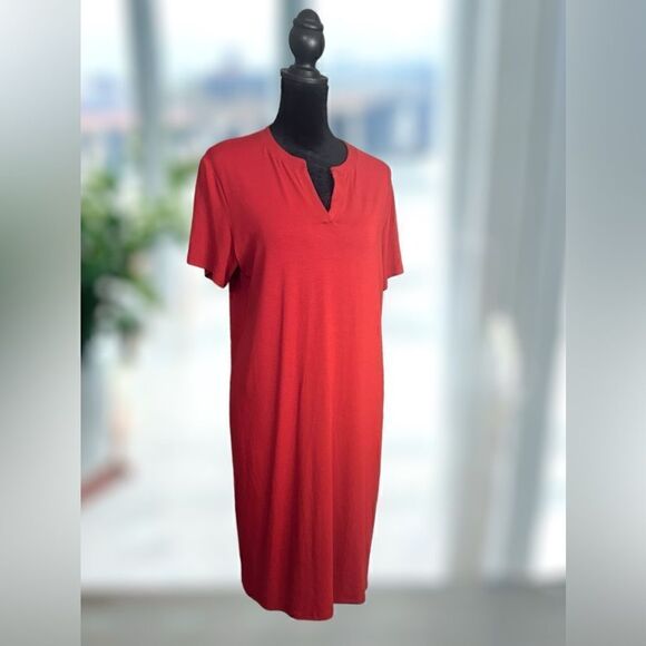 EILEEN FISHER Viscose Jersey Split Neck Dress Mandarin Size M - Picture 2 of 16